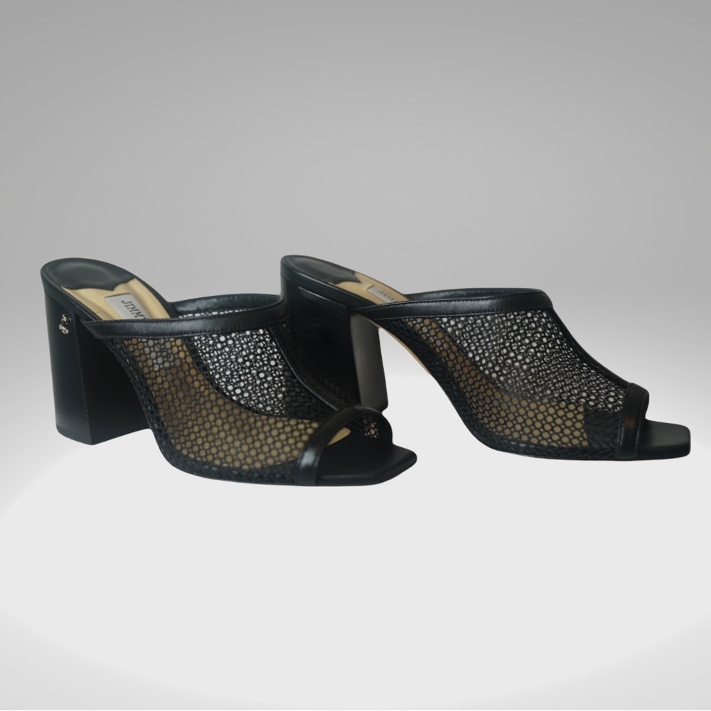 Jimmy Choo Joud 85 Black Leather Trimmed Honeycomb Mesh Mules Block Heel Sandals